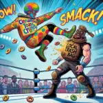 DALL·E 2024-10-06 13.26.44 - An exciting wrestling match scene featuring two fictional characters. The hero wrestler, 'Cinnamon Toast Crunch,' is a high-flyer, wearing a colorful