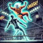 DALL·E 2024-10-06 15.18.55 - A dramatic wrestling scene set inside a steel cage, featuring two fictional characters. One is 'The Ghost of the Macho Man,' a spectral figure glowing