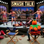 DALL·E 2024-10-06 15.29.33 - A chaotic wrestling ring scene during a talk show segment gone wrong. In the ring are two opposing factions_ one group, 'The Holiday Havoc Crew,' made