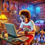 DALL·E 2024-10-06 18.04.18 - A scene of a young, enthusiastic eighth-grader named PeeWee sitting in his wrestling-themed bedroom, furiously typing on an old laptop. He has messy b