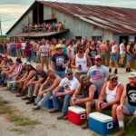 DALL·E 2024-10-06 18.13.34 - A smaller group of around 100 wrestling fans lined up outside a rundown, makeshift venue like a cleared-out old hay barn. The fans are a mix of men an