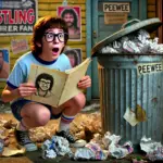 DALL·E 2024-10-06 18.36.30 - A scene of PeeWee, an enthusiastic eighth-grader wrestling superfan, finding a crumpled notebook page in a garbage bin behind a rundown wrestling venu