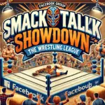 DALL·E 2024-10-06 19.26.05 - A Facebook group banner for 'Smack Talk Showdown_ The Wrestling League' in bold, dynamic lettering. The background is a stylized wrestling ring surrou