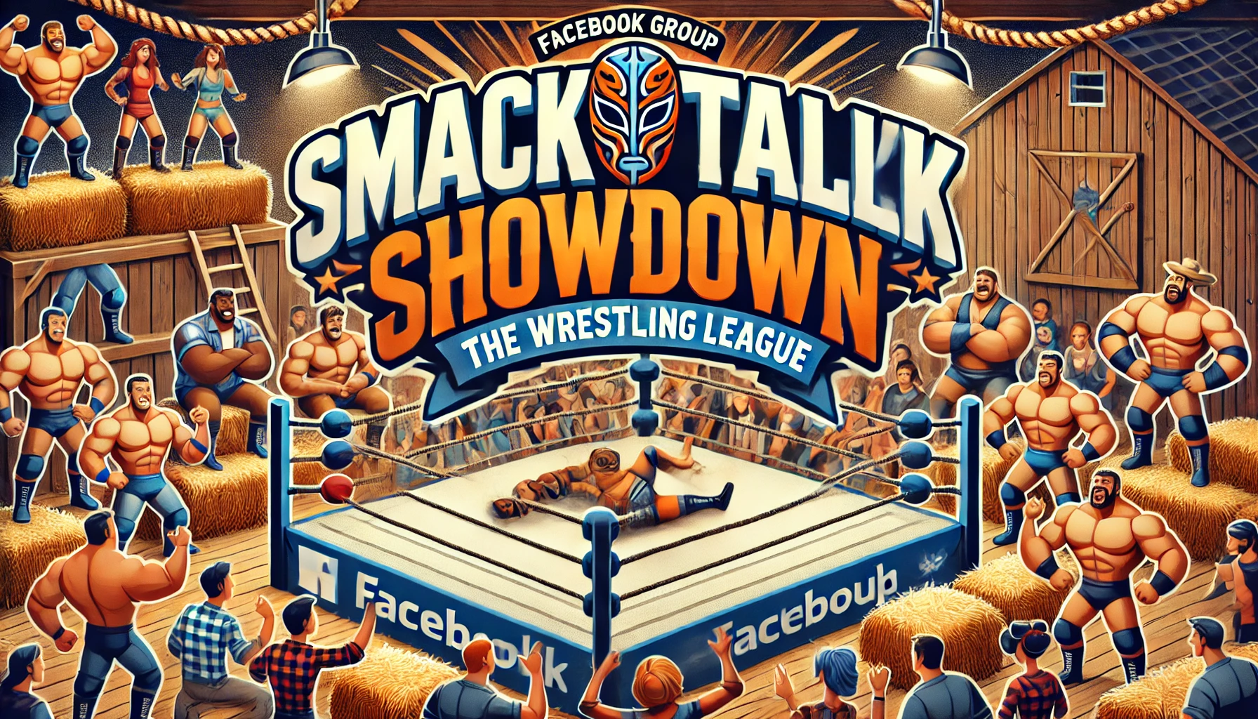 DALL·E 2024-10-06 19.26.05 - A Facebook group banner for 'Smack Talk Showdown_ The Wrestling League' in bold, dynamic lettering. The background is a stylized wrestling ring surrou