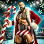 DALL·E 2024-10-11 17.22.04 - A dynamic promo image of the wrestler Santa Claws. He is a large, muscular wrestler dressed in red and white holiday-themed wrestling gear, including