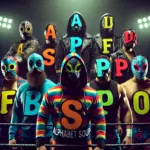 DALL·E 2024-10-11 17.35.52 - A mysterious promo image of the tag team 'Alphabet Soup.' The image features multiple wrestlers in matching letter-themed masks, each representing a d