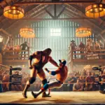 DALL·E 2024-10-23 22.36.32 - A high-energy wrestling match set inside a rustic barn, with hay bales and wooden beams visible in the background. The Iron Warden, a muscular wrestle