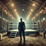 DALL·E 2024-10-27 17.44.19 - A gritty, atmospheric scene inside The Old Hay Barn, packed with excited fans eagerly awaiting a wrestling event. The rustic barn is dimly lit, with f