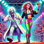 DALL·E 2024-10-27 17.45.02 - A vibrant, retro wrestling scene featuring Ann Von Chovie and Doctor Biscuits making their entrances toward the wrestling ring. Ann has an 80s rocksta