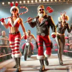 DALL·E 2024-10-27 17.47.51 - A realistic, action-packed wrestling scene showing the Holiday Havoc Crew, Santa Claws and Cupid Crush, entering the ring to loud cheers. Santa Claws