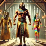 DALL·E 2024-10-27 17.49.24 - A realistic, dramatic wrestling entrance scene featuring Ra, the Egyptian Sun God, and The Enigma Phoenix. Ra steps into a rustic barn-like venue, dre