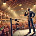 DALL·E 2024-10-27 17.50.08 - A realistic, energetic wrestling scene set in a rustic barn venue filled with excited fans. Commissioner Alex Steel, a confident figure with a command