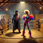 DALL·E 2024-10-27 17.56.43 - A realistic wrestling scene in a rustic hay barn, featuring the start of a match between Ann Von Chovie and Doctor Biscuits. The setting is a dimly li