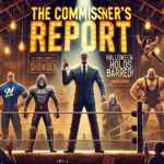 DALL·E 2024-10-27 18.11.18 - A dynamic banner for a wrestling newsletter titled 'The Commissioner’s Report' from Smack Talk Showdown. The background is a dimly lit barn, reminisce