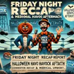 DALL·E 2024-10-31 21.07.54 - A wrestling-themed newsletter banner image featuring Smack Talk Showdown’s Halloween Havoc aftermath. The background shows a dimly lit wrestling ring