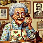 DALL·E 2024-11-02 22.05.08 - A humorous and detailed illustration of Granny Steel, an elderly, spirited lady with silver hair in a bun and wearing a floral apron, sitting in an ol