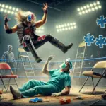 DALL·E 2024-11-10 01.28.51 - A dynamic and realistic action photo capturing the moment in a wrestling match between Ann Von Chovie and Doctor Biscuits during a Falls Count Anywher