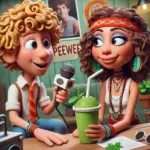 DALL·E 2024-11-10 01.39.51 - A fun, 3D kids cartoon claymation style image featuring PeeWee, a high school boy with a playful, curious expression, holding a microphone as he inter