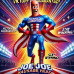 DALL·E 2024-11-10 01.43.56 - A vibrant superhero movie poster featuring Joe Joe Sausage Head strutting confidently down a ramp in bold, patriotic-colored gear with slogans like _V