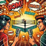 DALL·E 2024-11-10 02.07.31 - A vibrant banner image for a blog post about a wrestling fan podcast review of an action-packed wrestling show. Show two enthusiastic wrestling fans w