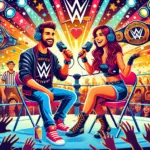DALL·E 2024-11-10 02.11.12 - A vibrant, engaging banner image for a blog post about a wrestling fan podcast review. Featuring a male and female fan, both wearing wrestling-themed