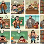DALL·E 2024-11-11 11.21.27 - A playful, sequential series of cartoon-style images showing the wrestling character Low Energy, a laid-back wrestler with a tired appearance, causing