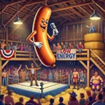 DALL·E 2024-11-13 21.32.08 - A humorous banner image set in a rustic barn during a wrestling event, featuring a lively wrestling crowd and the Commish, dressed as a lively announc