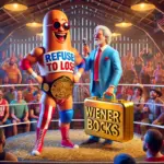 DALL·E 2024-11-13 22.13.16 - A vibrant 3D scene set in a rustic barn wrestling arena. The character Joe Joe Sausage Head, in red, white, and blue 'Refuses to Lose' gear, stands co