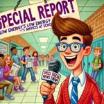 DALL·E 2024-11-13 22.19.23 - A vibrant cartoon-style image capturing PeeWee, a high school boy with an excited expression, delivering a “Special Report” from a school hallway. Pee
