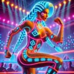 DALL·E 2024-11-18 21.42.05 - A high-energy wrestling character in a neon-lit arena. The character, Turbo Trixx, is a female wrestler with electric blue hair styled in a dynamic br