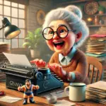 DALL·E 2024-11-21 22.58.00 - A cheerful and lively scene featuring Granny, an older woman with a spirited personality and glasses, sitting at a rustic wooden desk typing out an em