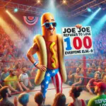 DALL·E 2024-11-23 22.36.05 - A dynamic and humorous wrestling scene featuring Joe Joe Sausage Head in a vibrant wrestling ring. Joe Joe, a boastful wrestler, is wearing patriotic