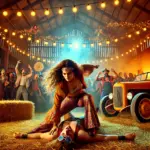 DALL·E 2024-11-23 22.54.19 - A dynamic wrestling scene set in a rustic barn arena with glowing string lights and scattered hay bales. Luscious Locks, a calm and collected female w