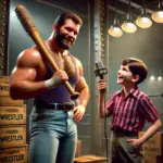 DALL·E 2024-11-23 23.12.53 - A realistic and dynamic backstage wrestling scene featuring Hank 'The Babe' Williams, a confident wrestler holding a bat over his shoulder, being inte