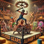 DALL·E 2024-11-23 23.20.27 - A high-energy wrestling match taking place in a rustic barn-style arena. The scene features Greased Gears, a dynamic tag team with a mechanic theme, o