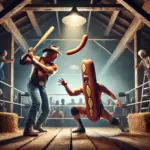 DALL·E 2024-11-23 23.33.06 - A dramatic and intense wrestling match scene set in a rustic barn arena with a spotlight highlighting two wrestlers locked in a fierce grapple. On one