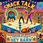 DALL·E 2024-11-27 22.33.12 - A vibrant and comedic Thanksgiving-themed wrestling banner for 'Smack Talk Showdown_ Thanksgiving Eve Spectacular at the Hey Barn!' The image features