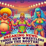 DALL·E 2024-11-30 02.27.02 - A humorous and vibrant banner for a wrestling newsletter introducing three quirky new wrestlers. The design should feature a flamboyant overweight wre