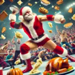 DALL·E 2024-12-01 00.06.57 - A realistic and dynamic professional wrestler styled as Santa Claus, wearing red wrestling gear with white fur trims, in the midst of a wild food figh