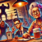 DALL·E 2024-12-03 00.25.38 - A vibrant and chaotic wrestling-themed banner for an article titled 'Smack Talk After Dark.' The scene features a rustic bar setting with wrestling ch