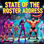 DALL·E 2024-12-03 23.25.31 - A vibrant and humorous banner for a fictional wrestling newsletter titled 'State of the Roster Address.' The image features colorful and exaggerated w