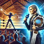 DALL·E 2024-12-05 00.05.25 - A dynamic and electrifying wrestling banner image featuring Ann Von Chovie confidently standing in the wrestling ring with a microphone in hand, surro