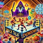 DALL·E 2024-12-05 00.07.10 - A dynamic, colorful wrestling-themed banner featuring key highlights from the Smack Talk Showdown event at the Hey Barn. Center the image on an intens