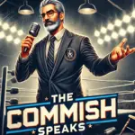 DALL·E 2024-12-06 02.28.55 - A dramatic and professional wrestling-themed banner featuring the character of The Commish, a charismatic and authoritative figure in a blazer, holdin