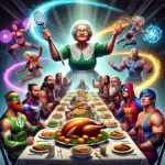 DALL·E 2024-12-08 19.28.54 - A modern superhero wrestling poster-style illustration featuring a dramatic Sunday dinner scene. Wrestlers in colorful, exaggerated costumes are seate