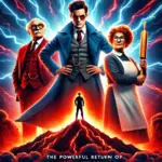 DALL·E 2024-12-13 17.27.56 - A dramatic superhero movie poster featuring The Commish, PeeWee, and Granny standing defiantly on a fiery mountain surrounded by rising energy and int