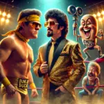 DALL·E 2024-12-13 17.41.20 - A dramatic wrestling promo-style image featuring Joe Joe Sausage Head, a determined underdog wrestler, confronting Bungston Big Bucks, a smarmy con ar