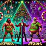 DALL·E 2024-12-13 17.42.56 - A surreal and dramatic wrestling promo image featuring Busted Barbra, Drippy McGee, and FUPA Fumpa facing off against Santa Claws in a chaotic holiday