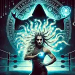 DALL·E 2024-12-13 17.43.58 - A dramatic and mystical wrestling promo image featuring Luscious Locks, a powerful and enchanting wrestler with flowing, magically braided hair glowin