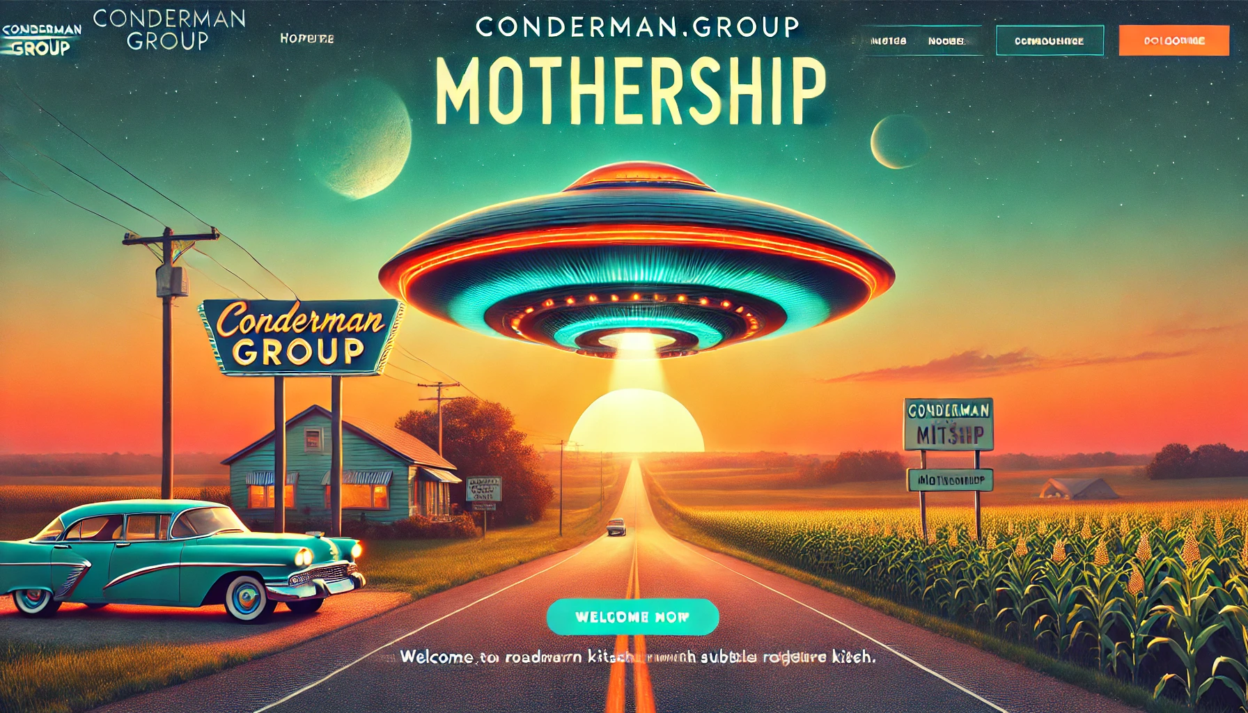 DALL·E 2024-12-14 00.46.24 - A captivating header image for the homepage of Conderman.group. The design features a retro-futuristic mothership hovering over a serene Midwestern la